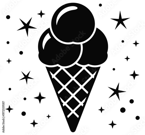ice cream cone with three scoops in black silhouette, sparkling stars around, illustrating dessert ranking, sweet treats hierarchy, and food illustration concept.