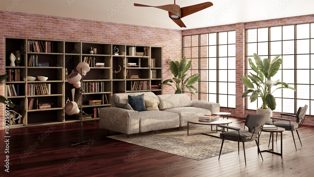 Obraz premium 3D render, illustration Luxury modern living room interior, realistic lighting, wide angle, contemporary furniture, clean lines, minimalist decor, elegant home design, large window
