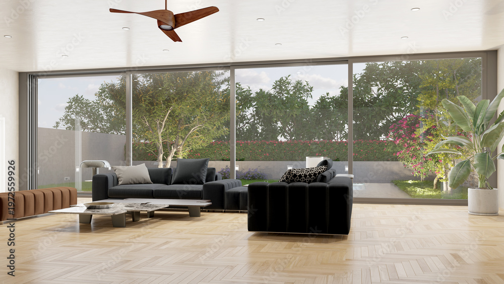 Naklejka premium 3D render, illustration Luxury modern living room interior, realistic lighting, wide angle, contemporary furniture, clean lines, minimalist decor, elegant home design, large window