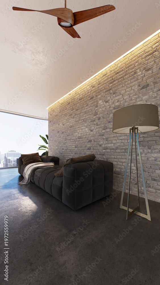 Obraz premium 3D render, illustration Luxury modern living room interior, realistic lighting, wide angle, contemporary furniture, clean lines, minimalist decor, elegant home design, large window