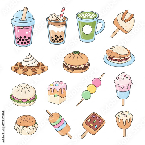 Playful collection of popular sweet snacks, refreshing beverages, and delightful frozen desserts in a charming cartoon style for diverse designs