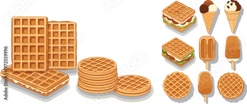 Delicious Belgian Waffle and Ice Cream Dessert Collection Featuring Waffle Sandwiches, Toasted Cones, Popsicles, and Round Biscuits for Sweet Food Menus