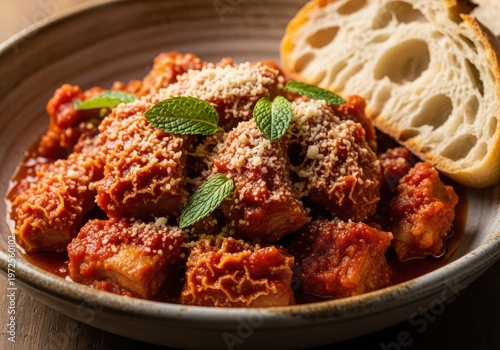 Traditional italian trippa alla romana, beef tripe stew in tomato sauce with parmesan cheese and fresh mint