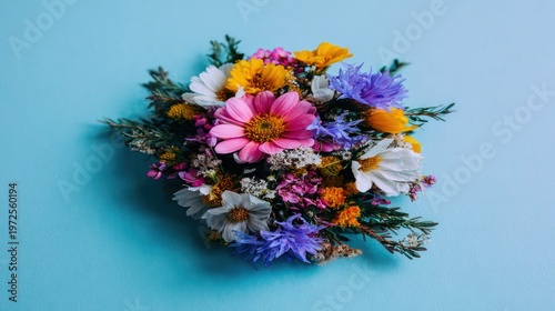 Vibrant assemblage of varied wildflowers rests upon a solid cyan backdrop.