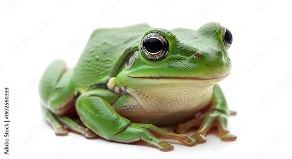 Fototapeta premium A close-up photo of a green frog sitting on a white background