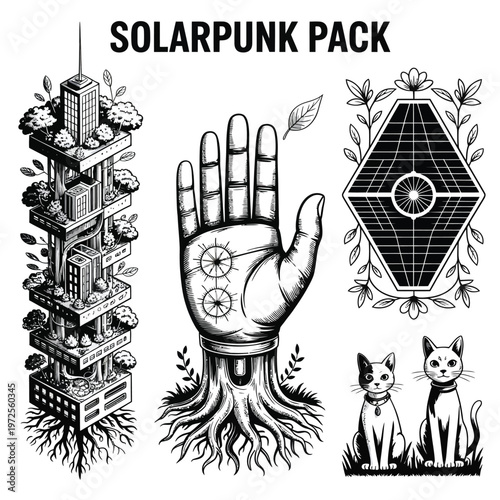 Solarpunk elements futuristic cityscape hand solar panel cats and nature