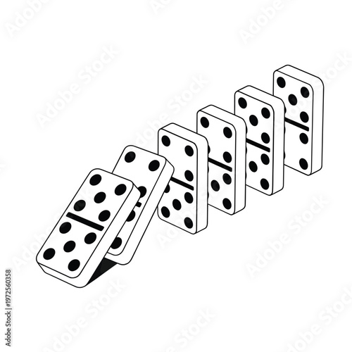 A series of falling dominoes depicted in a simple black and white illustration