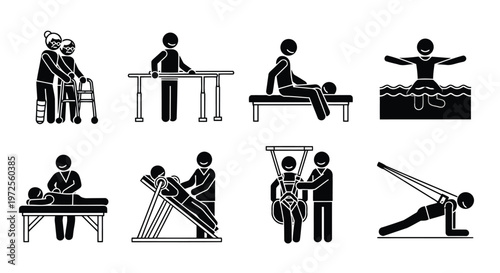 Vector illustration of physical therapy and rehabilitation exercises stick figure icons