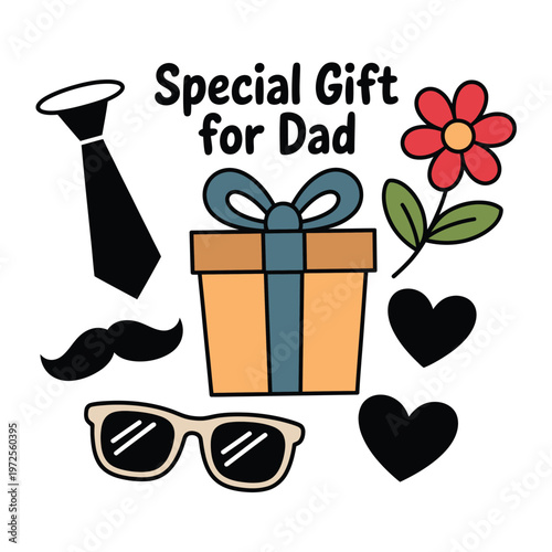 A colorful illustration depicting a special gift for dad with various items