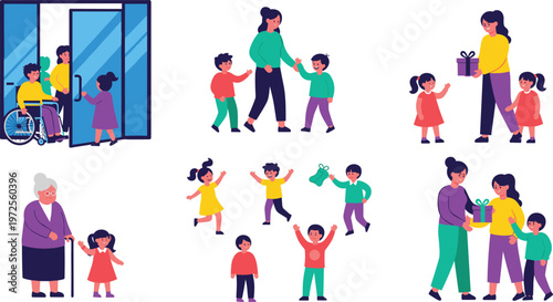 Diverse Community People and Family Vector Illustration Set Featuring Inclusive Characters, Accessibility, Gift Giving, Children Playing, and Senior Care Icons for Design