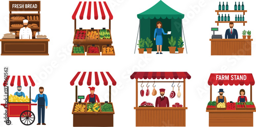 Farmers Market Stall Vector Illustration Set Featuring Bakery Bread, Fresh Produce, Meat Shop, Flower Stand, and Street Food Vendors for Local Commerce Graphics