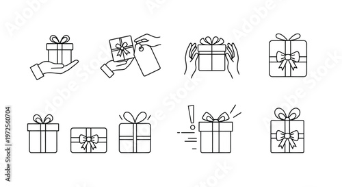 Vector illustration of set of gift box line icons, present delivery and surprise concepts