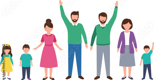 Flat vector illustration of a happy extended family standing together with diverse ages including parents, grandparents, and children isolated on white background.