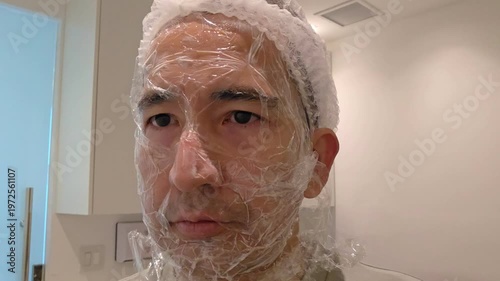 Treatment, cure of face skin in dermatology clinic. Acne Scars laser procedure for man. Man with cream with anesthesia and plastic film on his face before laser therapy procedure.