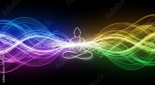 Abstract illustration of a peaceful figure in meditation, enveloped by dynamic, colorful energy waves, symbolizing spiritual journey and inner harmony