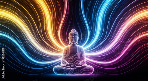 Serene Buddha meditating surrounded by vibrant, flowing neon lights, symbolizing enlightenment and spiritual energy