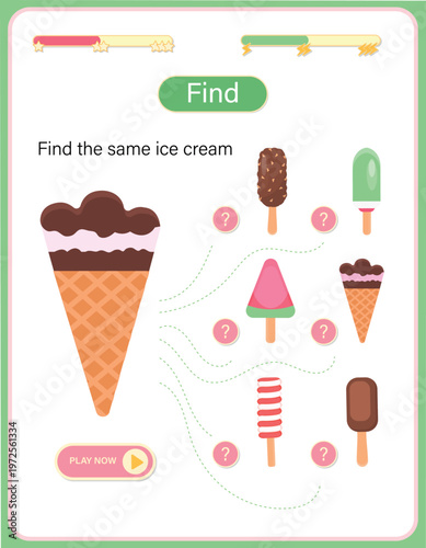 Educational matching game for kids, find the same ice cream. Activity worksheet for developing visual perception and attention.