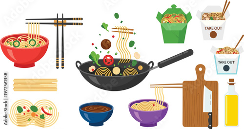 Fresh and delicious Asian noodle cooking set featuring a variety of ramen bowls, wok stir fry, take-out boxes, and essential culinary kitchen ingredients.