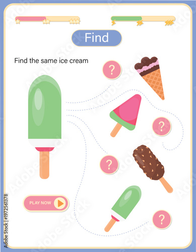 Educational logic games set for preschool kids: matching, counting, and find the difference activities. Fairytale and ice cream themed worksheets for developing visual perception, math skills