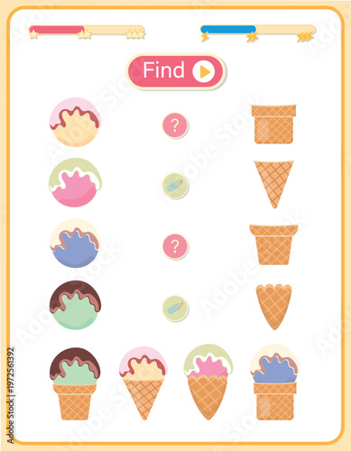 Educational counting and logic game for preschool kids. Activity worksheet to find and count hidden ice cream in a fairytale kingdom with princess, castle, and magic garden. Logical puzzle for kids.