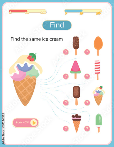 Educational logic game for preschool kids, find the different ice cream. Activity worksheet for developing visual perception, attention, and cognitive skills. Colorful vector illustration