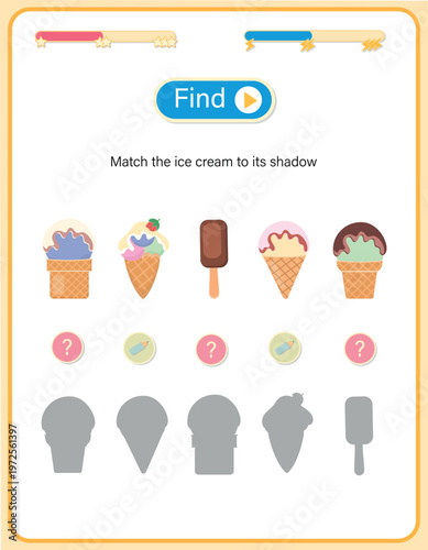 Educational logic game for preschool kids, find and match ice cream activity. Preschool worksheet for developing visual perception, attention, and cognitive skills. Colorful illustration 