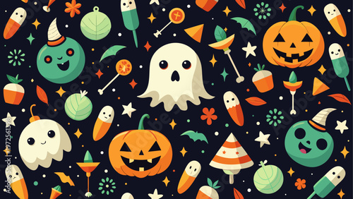 Halloween pumpkins and spooky decorations scattered together