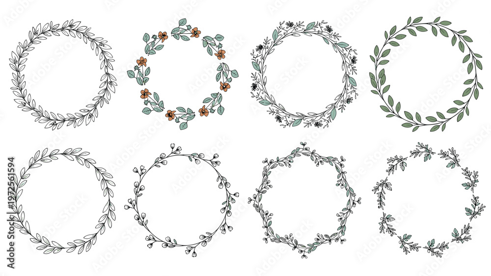 Fototapeta premium Set of eight decorative hand drawn floral wreaths with various leaf styles and delicate flower blossoms for wedding invitation designs.