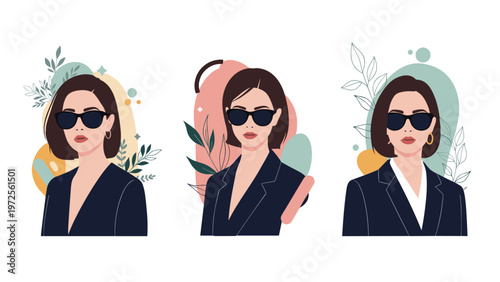 Three portraits of a stylish woman with short dark hair wearing sunglasses and a black blazer against abstract backgrounds.