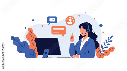 Professional female customer support agent working at a computer with a headset and microphone in a modern office.