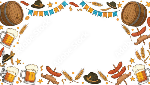 Oktoberfest celebration frame border with wooden beer barrels, mugs, sausages, hats, and wheat stalks on white background.