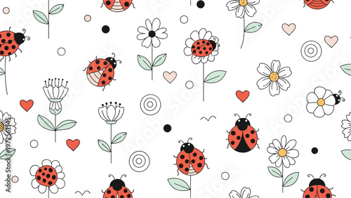 Sweet seamless pattern with cute ladybugs crawling among white daisies, pink hearts, and small dots on a white background.