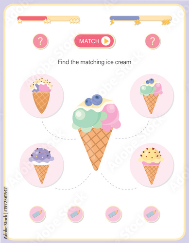 Educational logic game for kids, find the matching ice cream. Preschool activity worksheet for developing visual perception, attention, and cognitive skills. Colorful vector illustration 