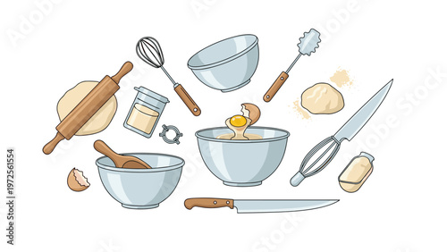 Assortment of kitchen baking equipment including mixing bowls, a rolling pin, whisks, flour, and eggs for a homemade recipe preparation.