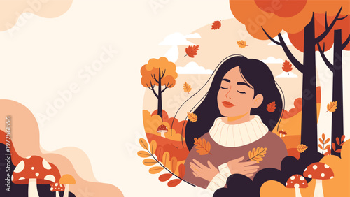 Serene woman closing her eyes and enjoying the fall season in a forest with falling leaves and red mushrooms in the background.