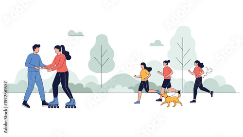 Group of people enjoying outdoor activities in a park including rollerblading and jogging with a dog on a clear sunny day.