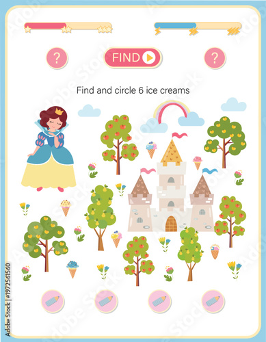 Educational counting and logic game for preschool kids. Activity worksheet to find and circle hidden ice cream in a fairytale kingdom with princess, castle, and magic garden. 
