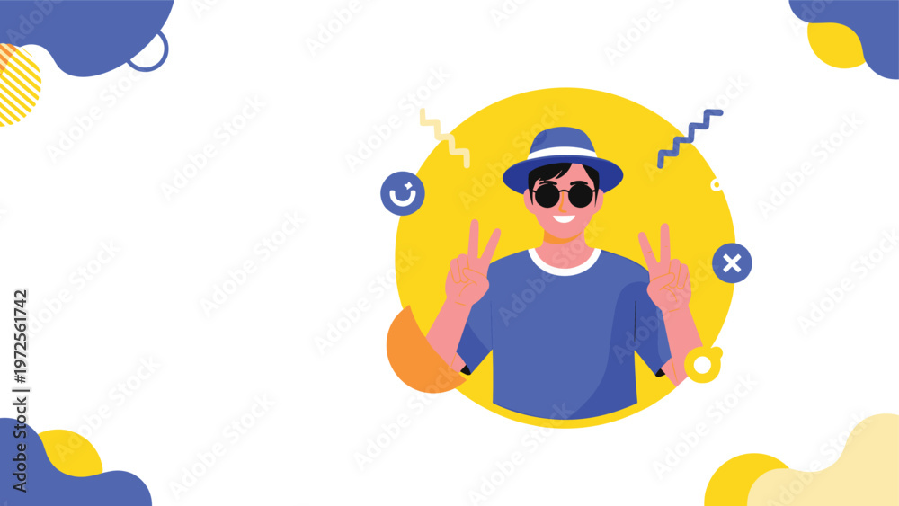 Fototapeta premium Happy young man wearing a blue shirt, hat, and sunglasses gesturing peace signs with both hands against a colorful background.