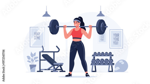 Strong young woman performing a weightlifting exercise with a heavy barbell inside a modern well equipped fitness gym facility.