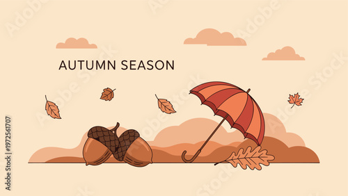Peaceful autumn landscape illustration featuring large acorns and a red umbrella among falling leaves under a soft orange sky.
