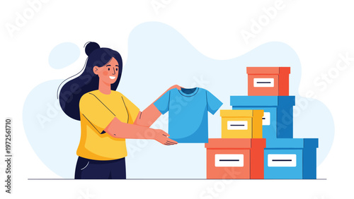 Smiling woman happily organizing her wardrobe by packing blue t-shirts into several colorful storage boxes in a clean room.