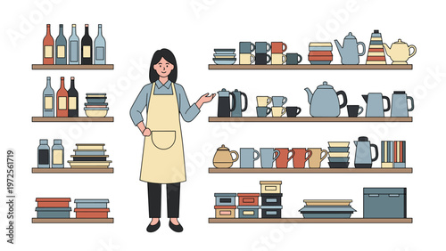 Friendly shopkeeper wearing an apron standing in front of several wooden shelves filled with organized ceramic kitchenware and bottles.