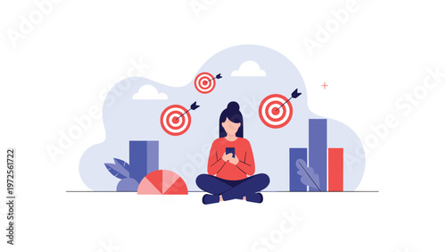 Young woman using a phone with targets and graphs in the background representing personal growth and business goal setting.