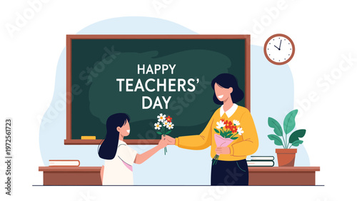 Young girl student presenting a beautiful bouquet of flowers to her smiling female teacher in a classroom on teachers day.