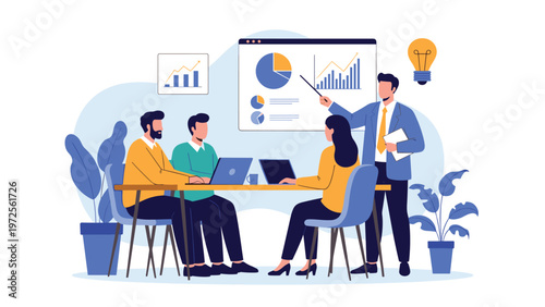 Group of business professionals having a collaborative meeting while a colleague points to a screen with data charts and graphs.