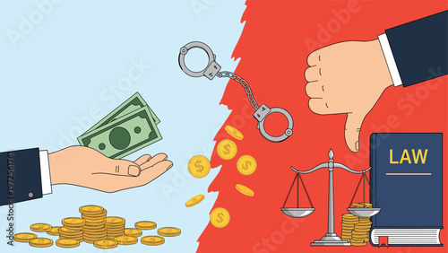 Conceptual illustration of law and justice featuring scales, a legal book, handcuffs, and money representing anti-corruption measures.