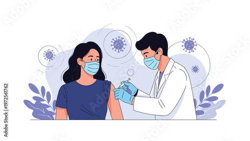 Professional doctor in a face mask and white coat administering a vaccine to a young woman during a global health pandemic.