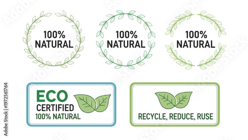 Set of green eco-friendly labels and badges featuring leafy wreaths and natural certification for organic products and recycling.