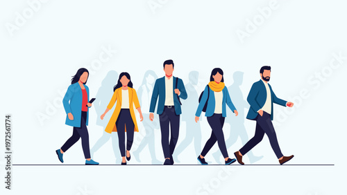 Modern diverse people in business and casual clothing walking forward confidently against a clean light blue background.