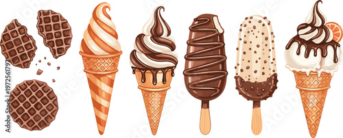 Gourmet Chocolate and Vanilla Ice Cream Vector Set Featuring Sundae Cones, Popsicles, Soft Serve Swirls, and Crispy Waffle Cookies for Dessert Menu Designs